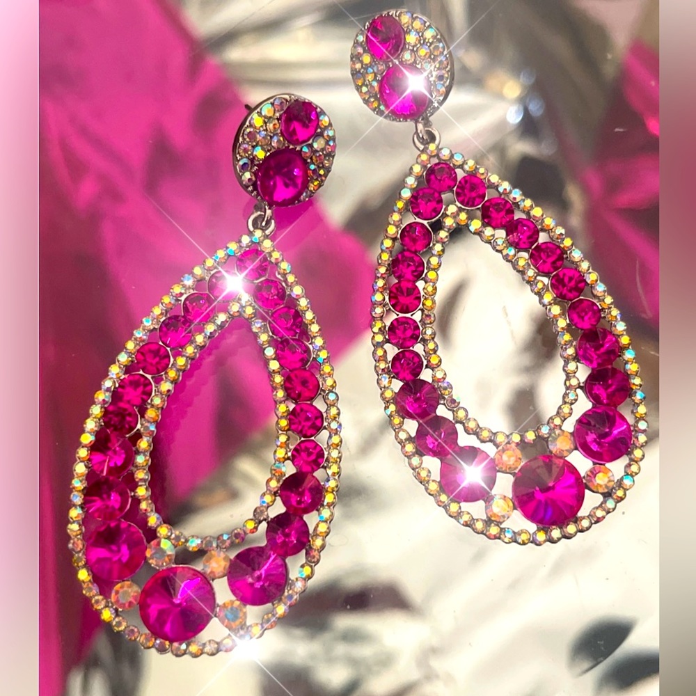 Long Pink and AB Crystal Pageant Stage Earrings 4 Inches